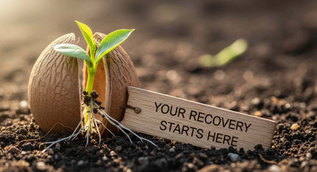 A small green plant sprouts from a seed next to a wooden sign that reads 'YOUR RECOVERY STARTS HERE'の写真素材
