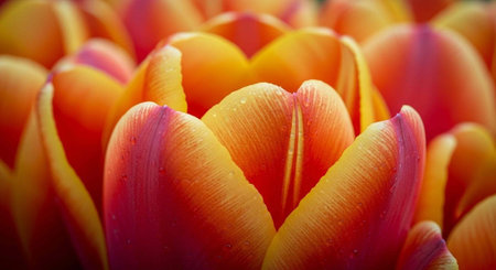 Close-up of vibrant orange and pink tulip petals with delicate texture and water droplets