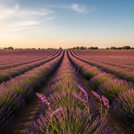 A serene landscape of a lavender field with rows of purple flowers under a sunset sky