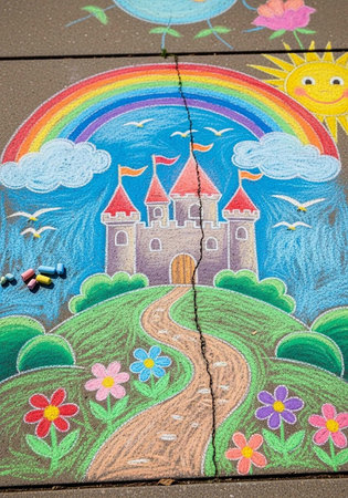 Vibrant chalk artwork of a castle with a rainbow, flowers, and a sunny sky on pavement