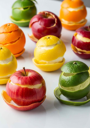 Fresh fruits with peels arranged creatively on a white surface, showcasing colorful apples, oranges,...