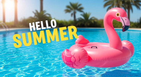 Pink flamingo inflatable floats in a clear blue pool with palm trees and sunny sky in background