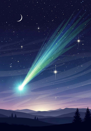 Colorful meteor streaking across dark blue night sky with stars, crescent moon, and mountain...