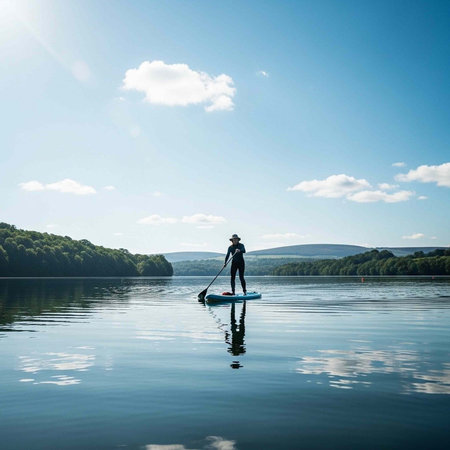 A person stands on a paddleboard in calm lake waters surrounded by lush green trees and a distant mountain rangeの写真素材