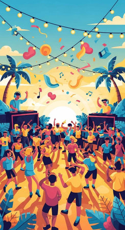Illustration of a lively beach party with people dancing, palm trees, and colorful lights at sunset