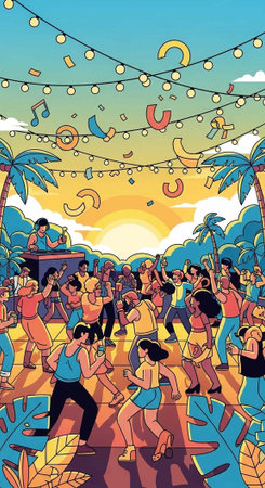 Colorful illustration of a lively party with people dancing, palm trees, and string lights at sunset