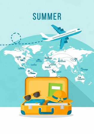 Colorful illustration of a suitcase with travel essentials and airplane flying over a world map