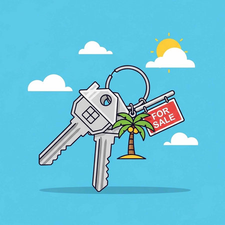 Cartoon keys with house shaped key and palm tree charm and red for sale sign on blue sky