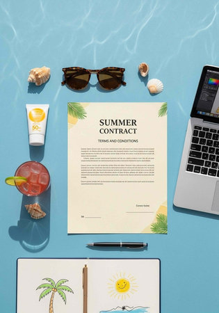 Flat lay of summer-themed items including contract, laptop, sunglasses, sunscreen, and cocktail on...