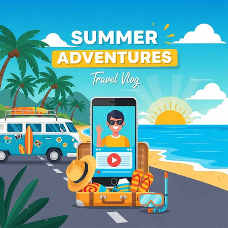 Colorful illustration of a phone, luggage, van, and beach scenery with palm trees and sunny sky