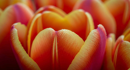 Close-up of orange tulip petals with pink edges, showcasing delicate texture and vibrant colors