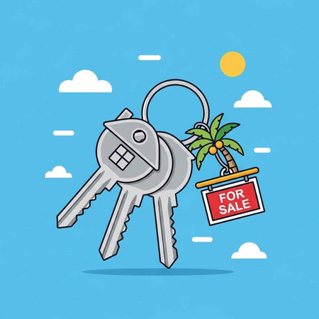 Keys with house keychain and for sale sign on palm tree under sunny blue sky with clouds