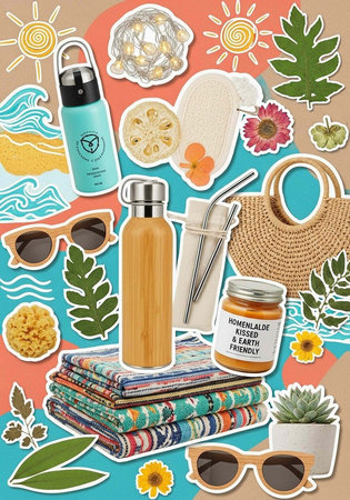 Vibrant collection of sustainable products, flowers, and sunglasses on a beachy background