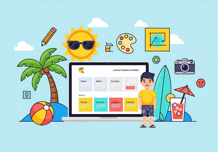 Colorful illustration of a man, laptop, palm tree, beach ball, surfboard, and art supplies