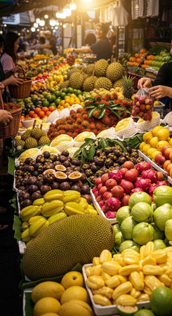 Colorful array of fresh tropical fruits at a bustling market stall