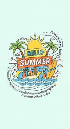 Whimsical summer design featuring palm trees, surfboard, beach balls, and sunny weather on a light...