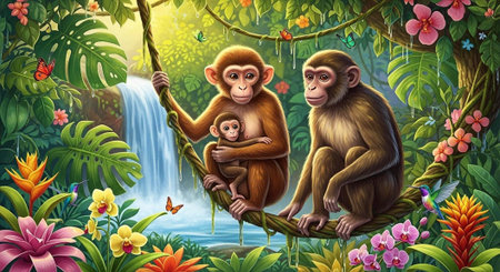 Colorful illustration of three monkeys on a vine swing surrounded by tropical foliage and flowersの写真素材