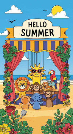 Vibrant cartoon scene of animals and sun on beach stage with colorful flowers and summer bannerの写真素材