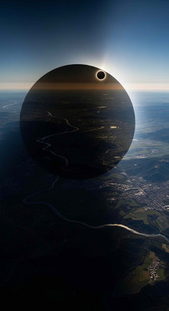 Dark circle of solar eclipse with small sun hole over aerial landscape with rivers and city lights