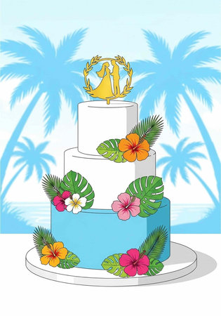 Three-tiered cake with white and blue frosting, decorated with flowers and leaves