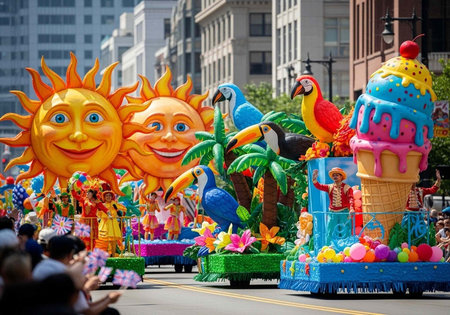 Colorful street parade with giant suns, parrots, and ice cream floats, surrounded by spectators and...