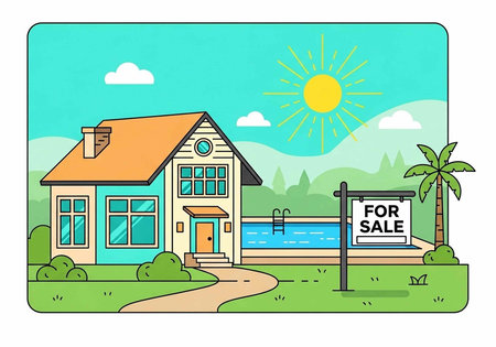 A cartoon house with a pool, For Sale sign, and palm tree on a sunny day with green lawn.