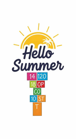 Vibrant summer greeting with yellow sun, blue text, and stacked colored blocks with numbers and...