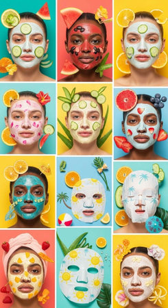 Diverse women with creative fruit and veggie face masks on colorful backgrounds in a grid layout