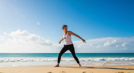 Woman in athletic wear stretching on sandy beach with blue ocean and clouds in the distance
