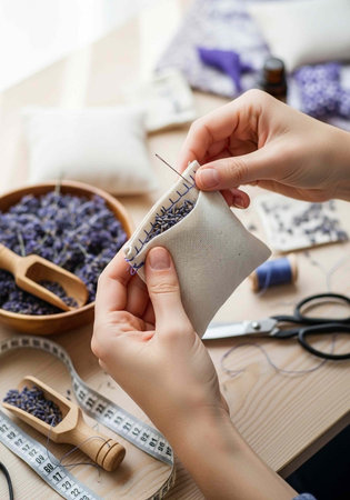 Hands sewing a small beige bag filled with purple lavender buds on a table with crafting suppliesの写真素材