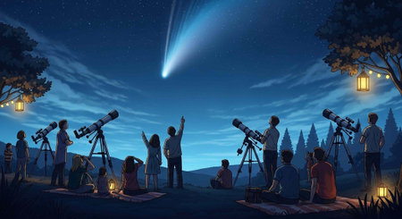 Group of people with telescopes observing a comet in the night sky with trees and lanterns around