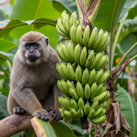 A monkey sits beside a cluster of green bananas in a vibrant jungle setting with large leaves.