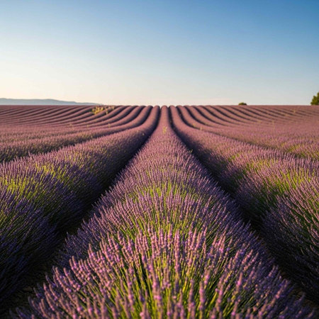 Rows of purple lavender plants stretch towards the horizon under a clear blue sky