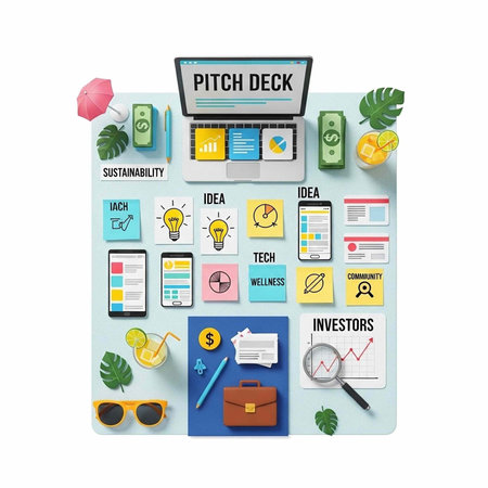 Vibrant infographic featuring business, tech, and eco-friendly icons around a central laptop screen