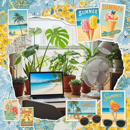 Cozy workspace with laptop, potted plants, fan, and summer-themed collage on a blue and yellow...