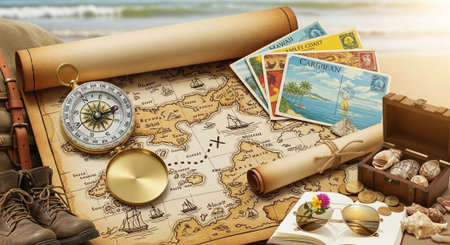 A treasure map, compass, postcards, and a treasure chest on a sandy beach with a boot and seashells