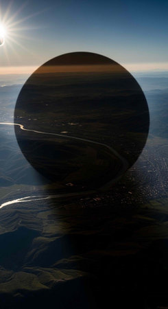 Dark celestial body casting a shadow on a landscape with a road and sunrise in the background