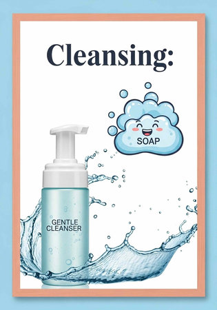Blue bottle with pump, soap bubble cartoon, and water splash on white background with peach border