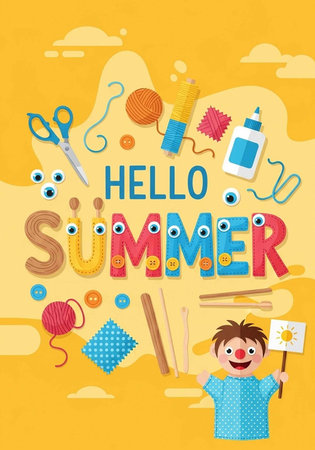 Cheerful cartoon boy with craft tools, yarn, glue, and scissors on a bright yellow background with...