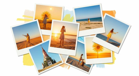 A collection of Polaroid photos featuring a woman at the beach with sunsets and landmarks