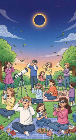 People of all ages observe a solar eclipse in a park with glasses and a telescope on a sunny day.