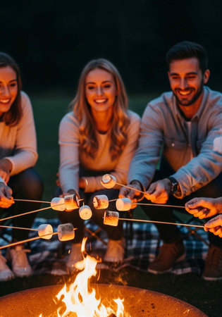 Three young adults roasting marshmallows over a campfire, smiling and enjoying each other's company at nightの写真素材