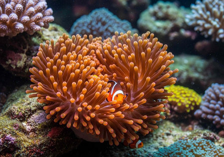 Orange sea anemone with clownfish, coral reef, colorful underwater scene with rocks and sea lifeの写真素材