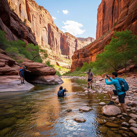 People hiking and wading in a clear river with red rock cliffs and green trees in a canyon...
