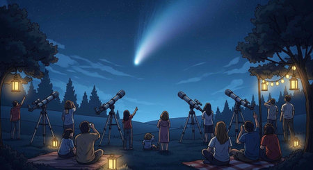Group of people with telescopes watching a comet streak across the night sky in a serene outdoor...