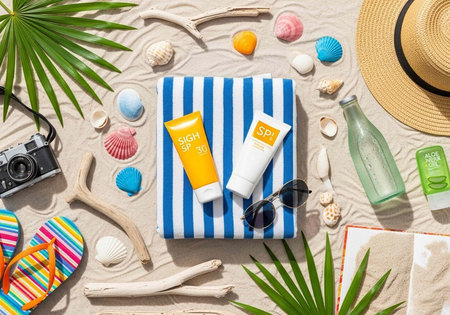 Colorful beach items including sunscreen, sunglasses, hat, and seashells on sandy beach