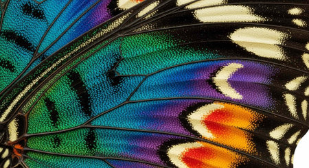 Close-up of a butterfly wing showcasing colorful, iridescent scales and detailed patterns.の写真素材