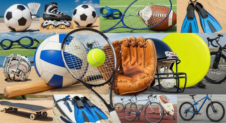 Collection of sports gear including balls, rackets, gloves, and bicycles for multiple sportsの写真素材