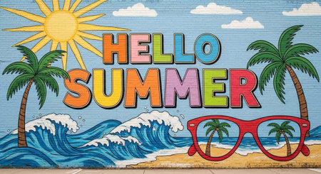Colorful beach scene with Hello Summer sign, palm trees, red glasses, and sunny waves on sandy...