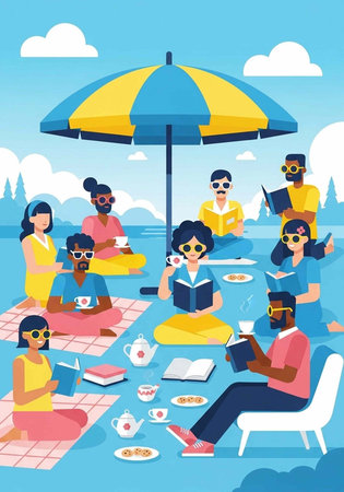 Vibrant illustration of people enjoying food, books, and company on beach with umbrella and tea